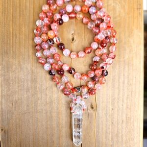 Brand New Hand Knotted Fire Quartz & Crystal Quartz 108 Bead Mala - Hand Made